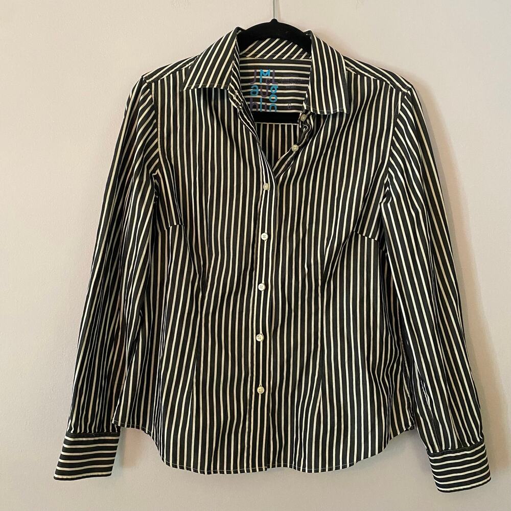 J. McLaughlin Gray White Stripe Button Down Shirt Preppy Cotton Workwear size 6